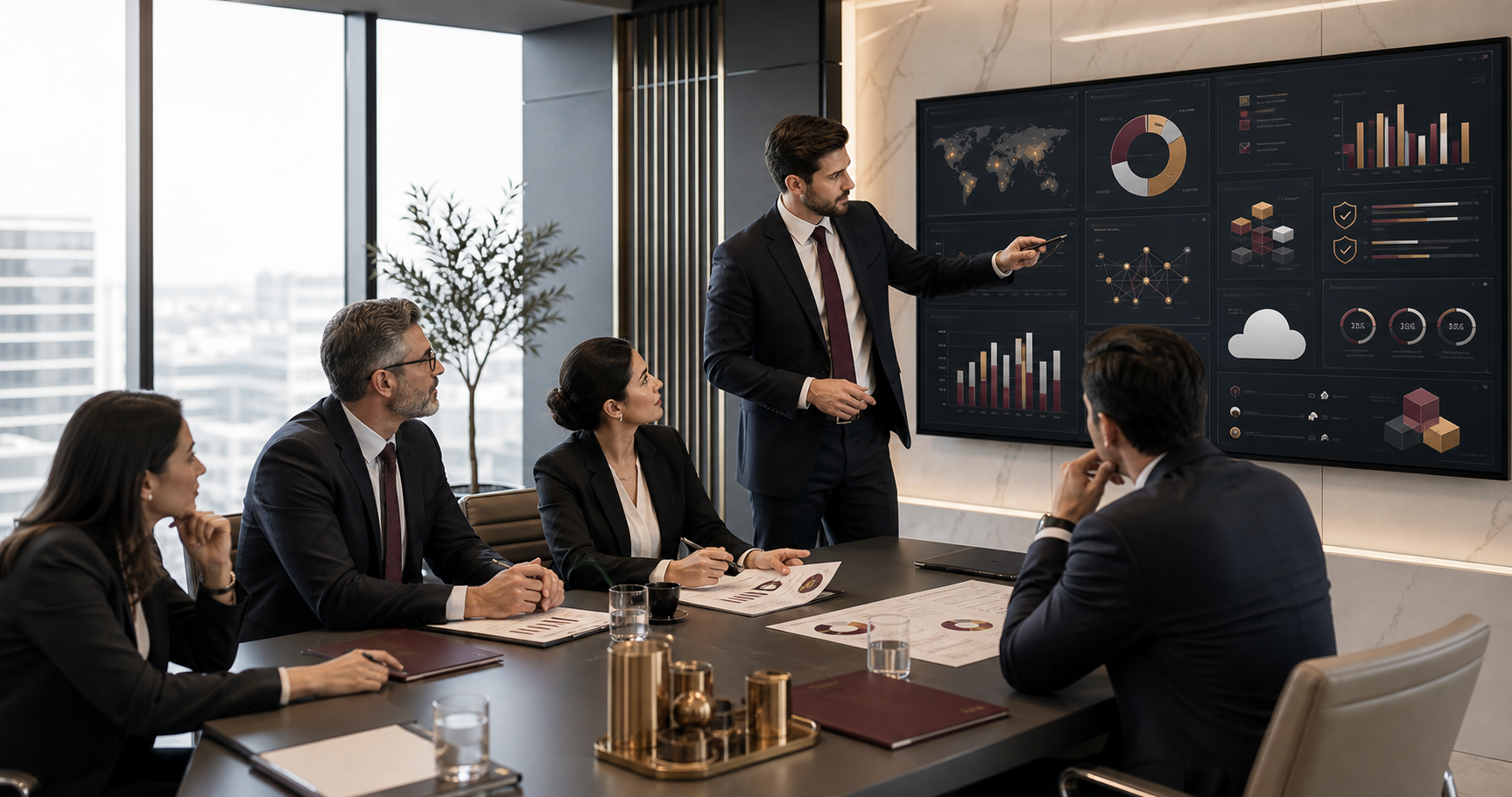 Consultores revisando indicadores de riesgo y gobierno tecnológico